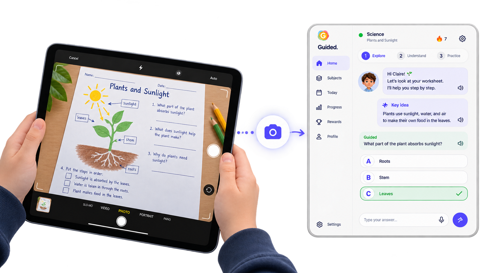 Tablet capturing a photo of homework, and the Guided app offering step-by-step guidance